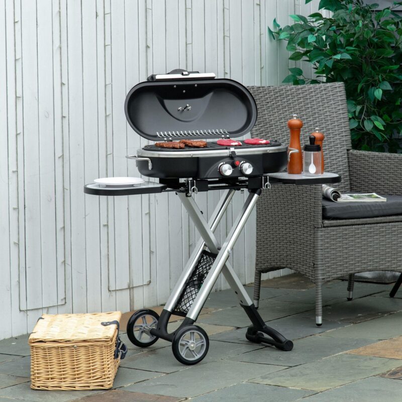 Foldbar 2 -brännare gasgrill med rostfritt stålkonstruktion – kompakt, mobil och exakt temperaturkontroll för perfekta grillresultat