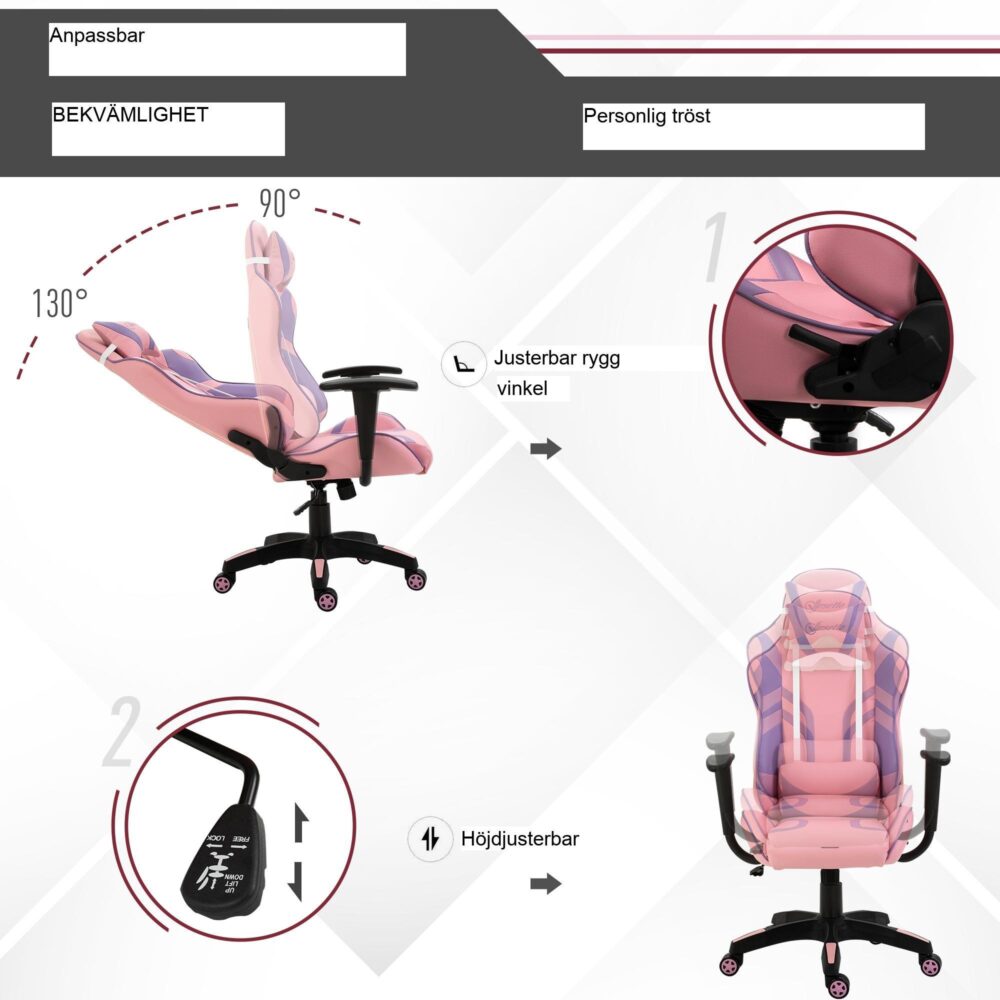 Ergonomisk spelstol med justerbar höjd och massagekudde i ländryggen – rosa och violett racingstil