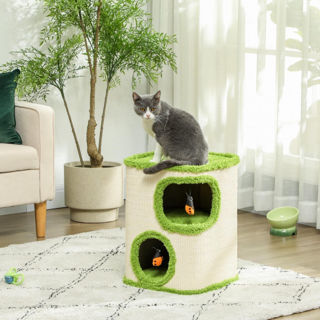2-vånings klösfat för katt med plyschfodrade grottor och interaktiva nyckelpigeleksaker - tillverkad av hållbara material för katter upp till 5 kg
