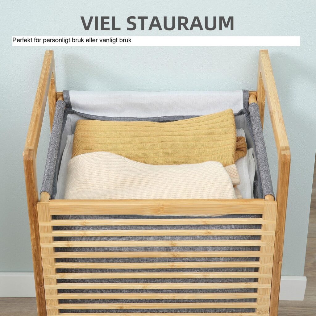 Tvättkorg med lock - Stor kapacitet, lätt och vattentät design | Bambu och polyester | 40x35x60.5cm