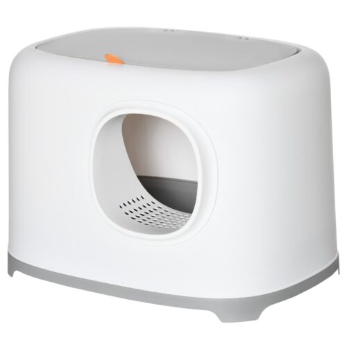 Kattlåda med huva och nätbotten med lock | Tyst plats för din katt | Enkel rengöring och spridningssäker design | Plast, vit, 55x40x39cm (upp till 5kg)