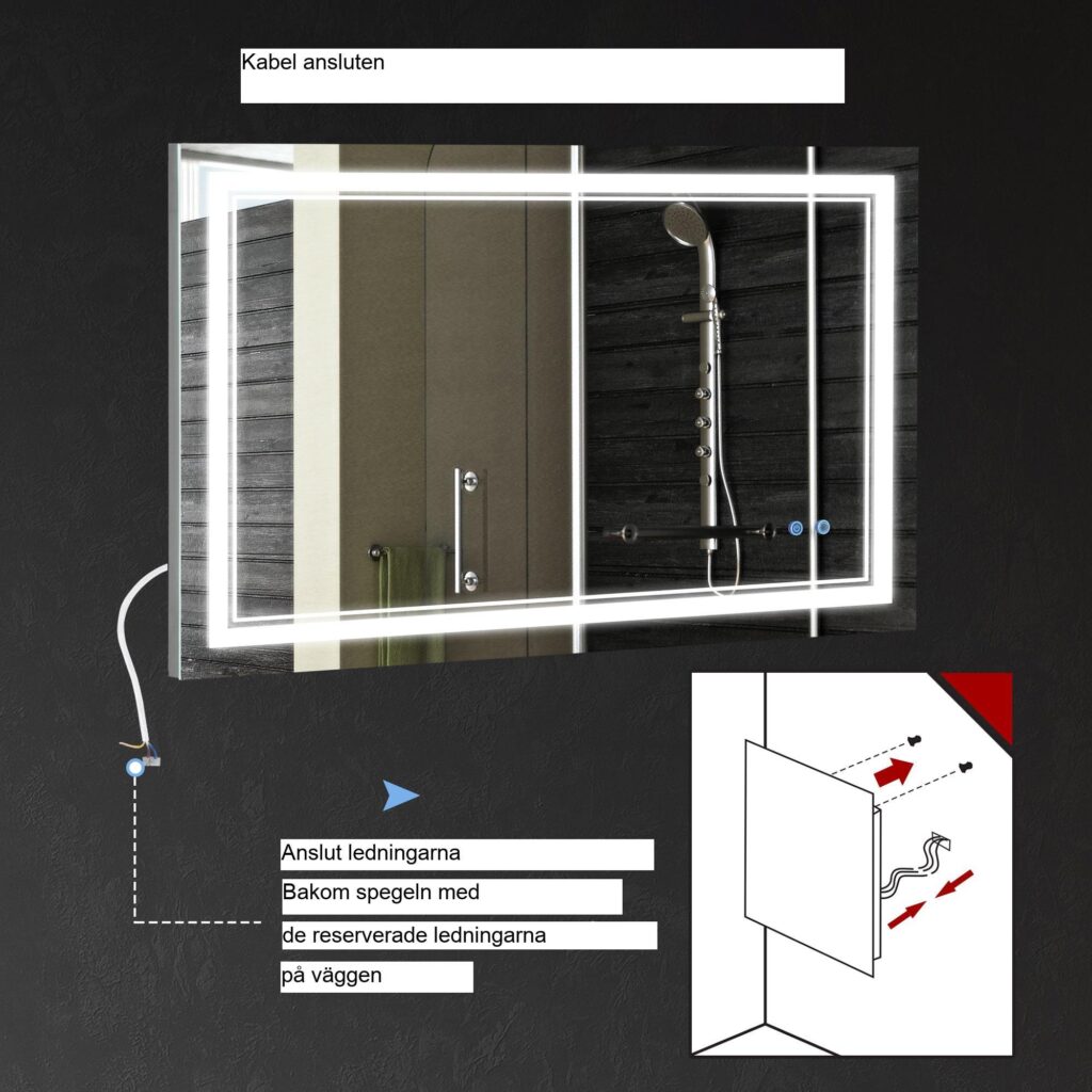 Badrumsspegel med LED-belysning | Pekknapp och justerbar färgtemperatur | Modern design, IP44 Vattentät