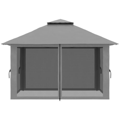 Hopfällbart lusthus 4x4m pop-up trädgårdstält – Snabb installation och bärbar design med UV-skydd, nätväggar och väderbeständiga funktioner | Robust metallram, enkel förvaring med hjul, justerbar takhöjd (2,83 m/2,73 m/2,63 m), mörkgrå