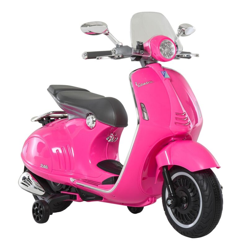 Licensierade Vespa Kids ’Elektriska motorcykel med strålkastare, musik och träningshjul-4-hjulsstabilitet för åldrarna 3-6