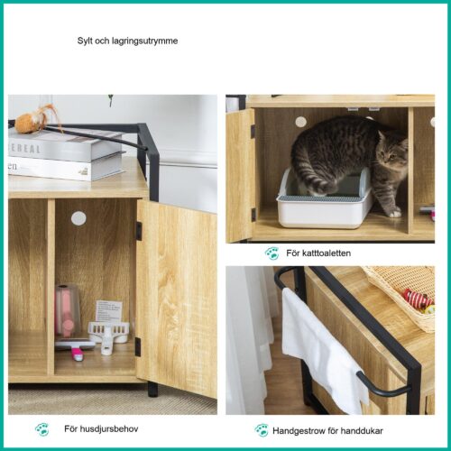 Kattskåptoalett med 2 nivåer och 2 rum – Multifunktionell kattbädd och lagringsutrymme [82.3x51x54cm, naturligt trä]