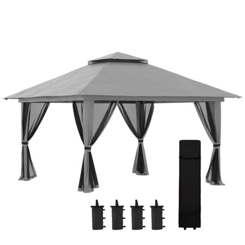 Hopfällbart lusthus 4x4m pop-up trädgårdstält – Snabb installation och bärbar design med UV-skydd, nätväggar och väderbeständiga funktioner | Robust metallram, enkel förvaring med hjul, justerbar takhöjd (2,83 m/2,73 m/2,63 m), mörkgrå