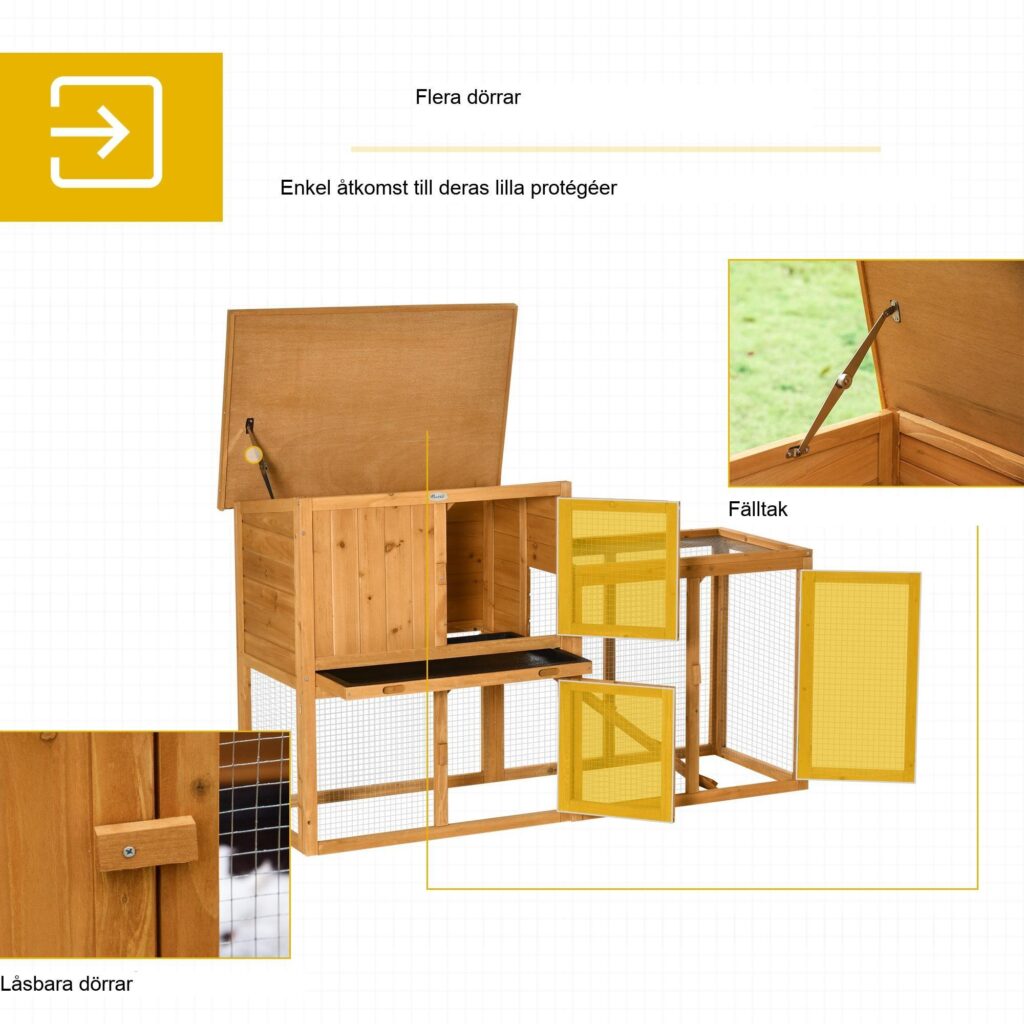 Kaninhydda Smådjursbur 141x60x86cm massivt granträ med avtagbar golvplatta och ramp för enkel rengöring - orange