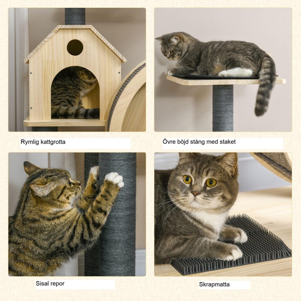 Active Cats klösträd med balanshjul och klösträd i Sisal | 4-vånings katthus i furu med mjuka tvättbara mattor
