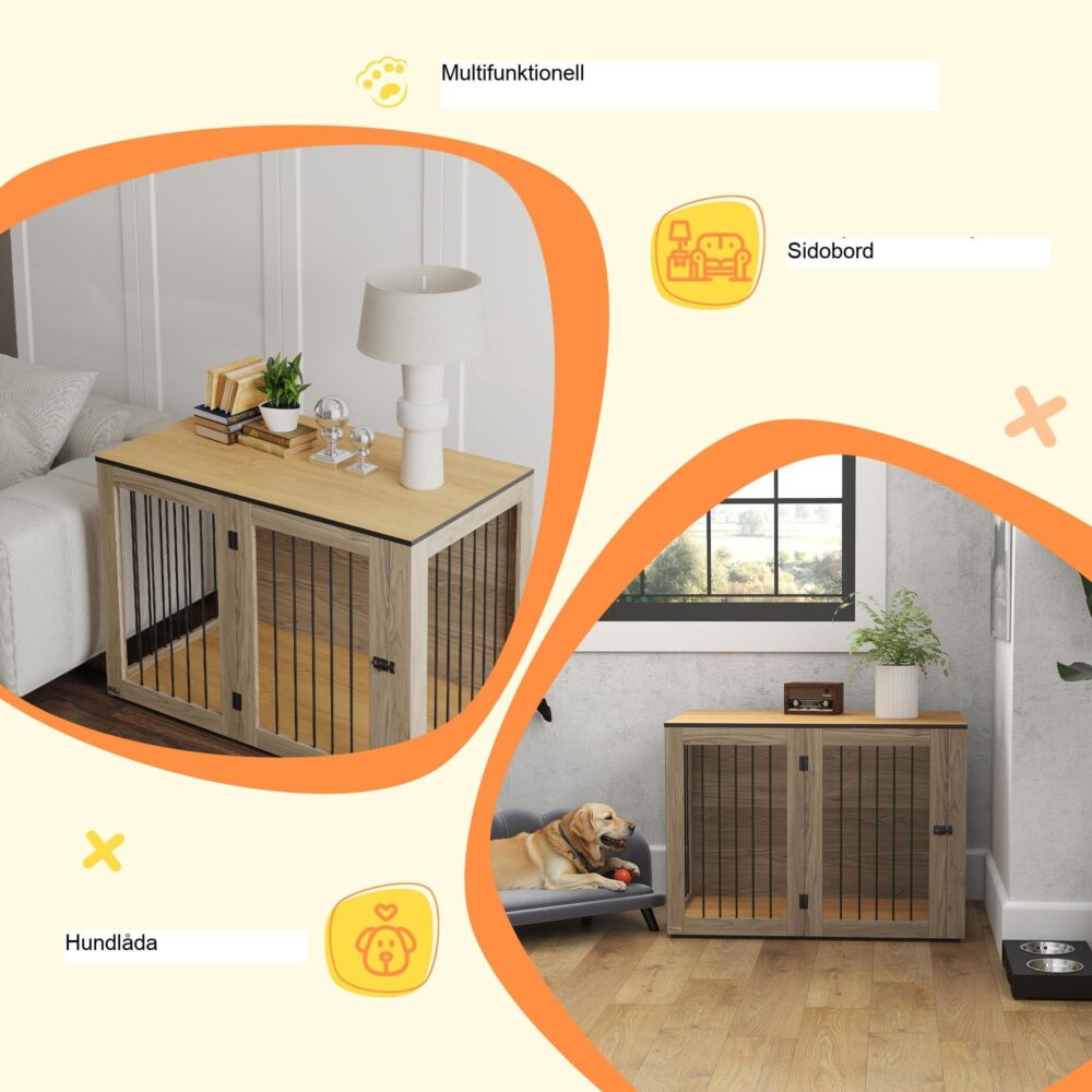 Modern hundbur med låsbar dörr – Stor hundbur för hemmet, ekfinish, 106x60x76 cm, stålkonstruktion