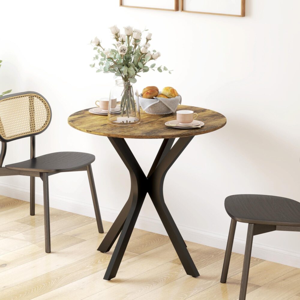 Runt matbord | Platsbesparande modernt köksbord med stålram för två – rustikt brunt (78cm diameter, 75cm höjd)