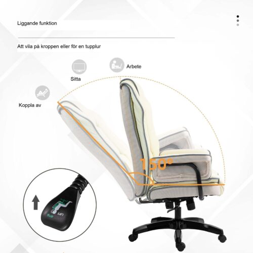 Ergonomisk kontorsstol med justerbart ryggstöd och höjdjustering | Krämfärg, lutningsfunktion och släta rullande hjul
