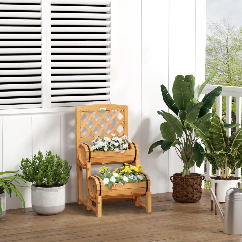Rustik Design upphöjd bädd Blomlåda i trä med spaljé | Upphöjda planteringskärl för trädgård eller uteplats, massivt träbygge, 45x45x80cm, rymmer upp till 7 liter per planteringskärl