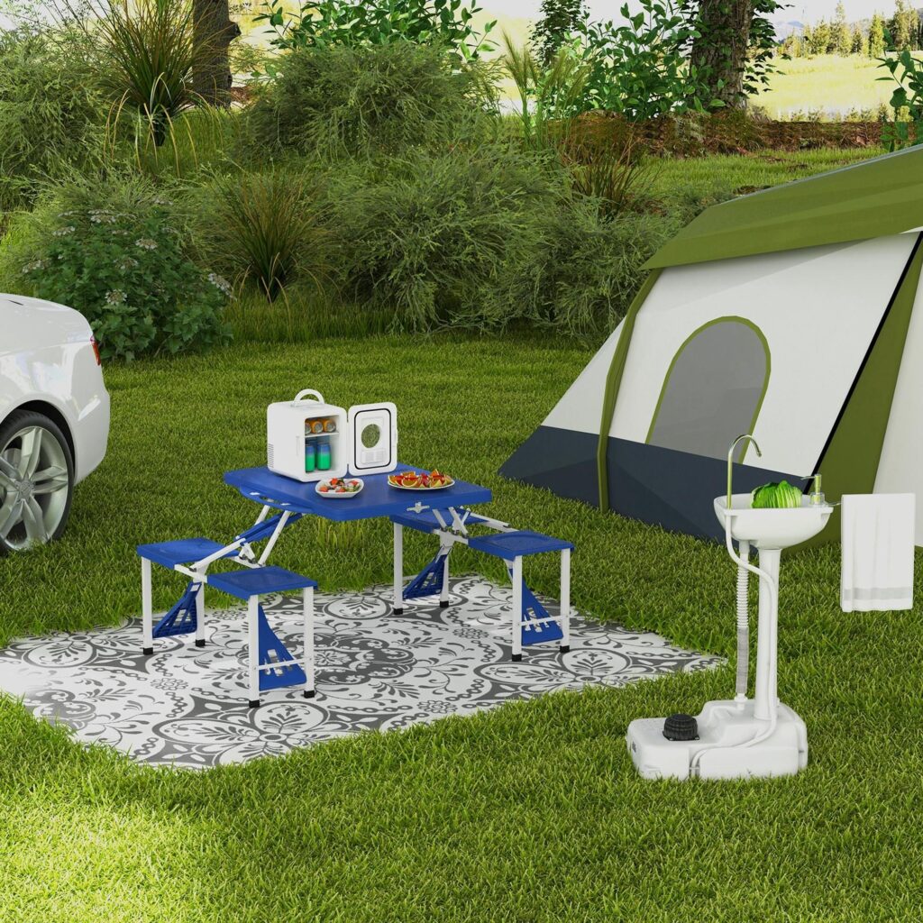 Bärbar handfat för trädgård och camping - 17L vattentank, miljövänligt HDPE-material, fotpump och handdukstork, lätt med hjul för enkel rörlighet