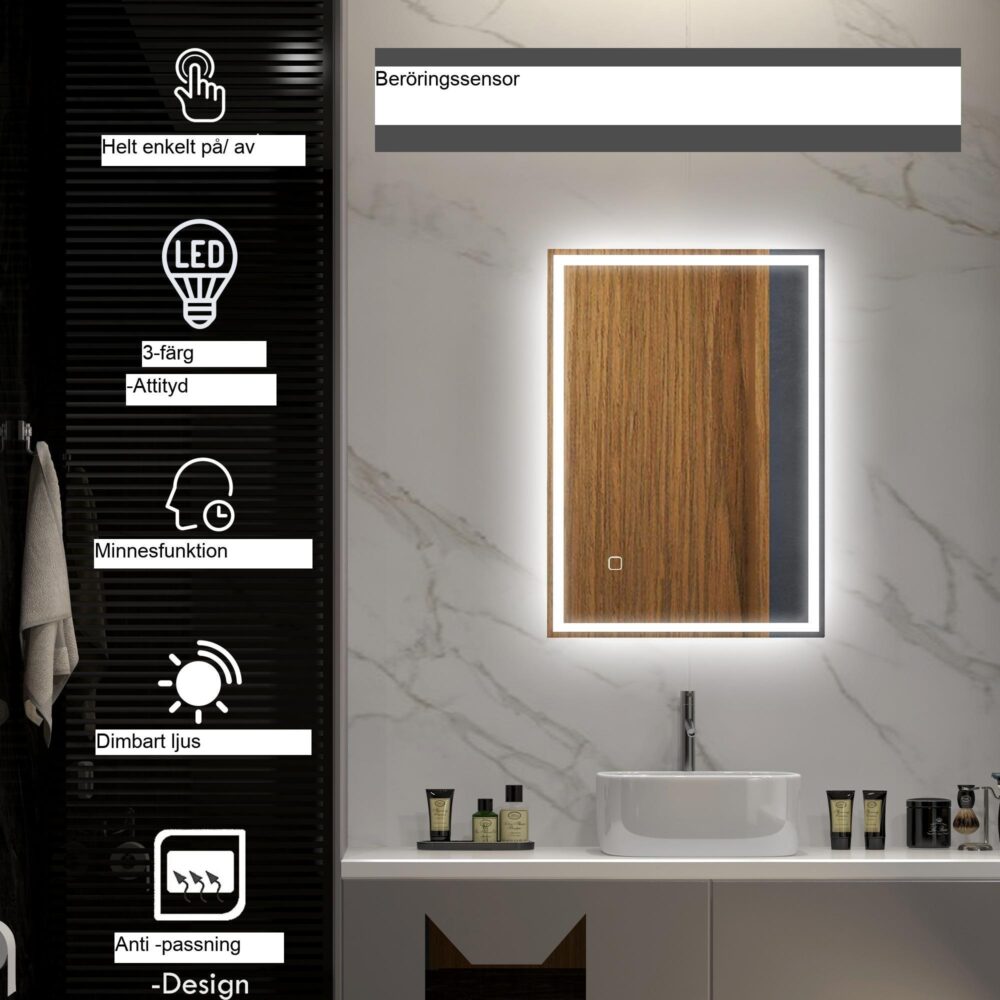 LED -badrumsspegel väggspegel 80×60 cm, dimlöst med beröringsomkopplare, IP44 -skydd, flexibel vertikal och horisontell montering