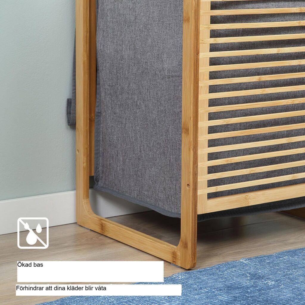 Tvättkorg med lock - Stor kapacitet, lätt och vattentät design | Bambu och polyester | 40x35x60.5cm