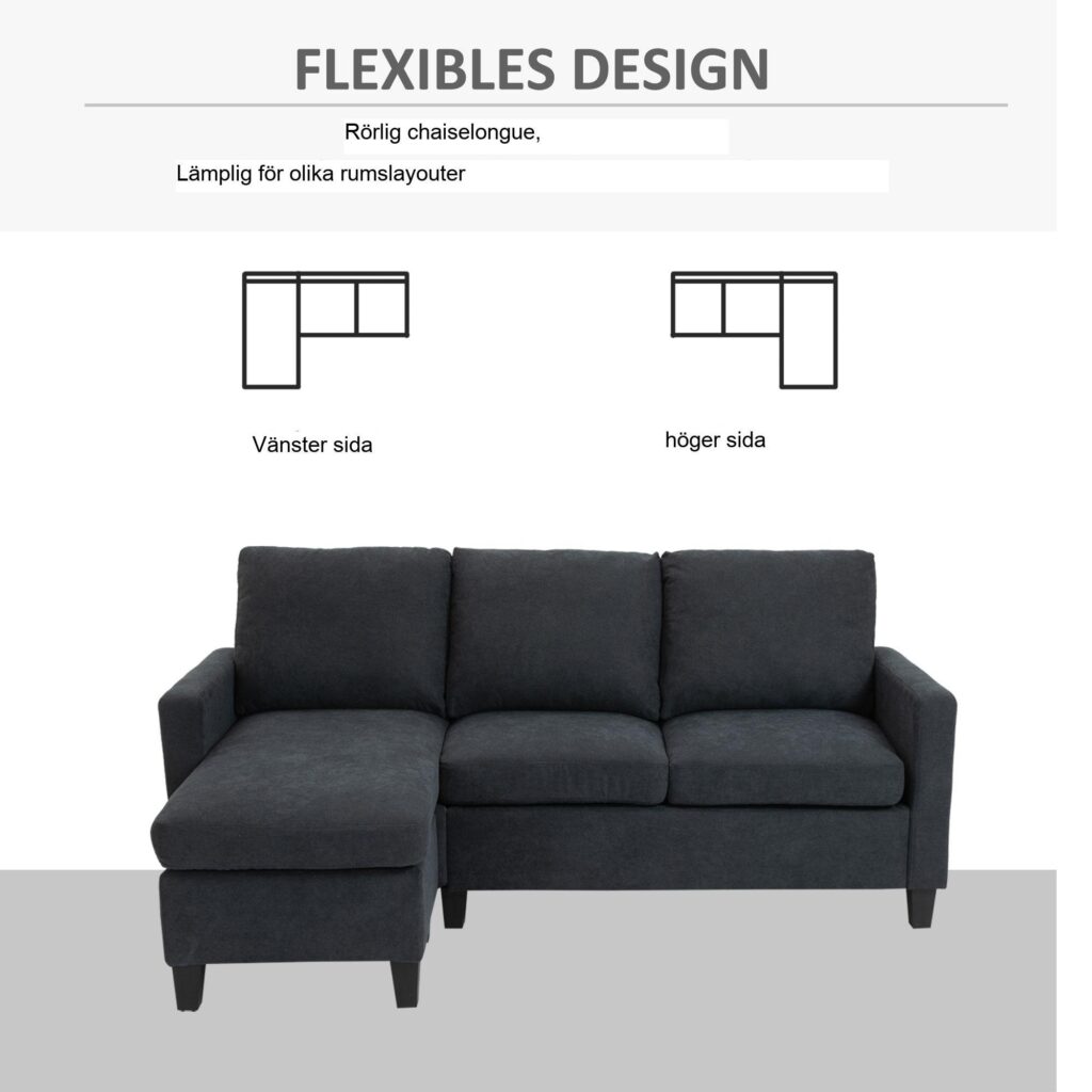 Hörnsoffgrupp med vändbar schäslong - Mörkgrå tyg Modulär design för kompakta utrymmen | Bekväm 3-sitsig med justerbar layout