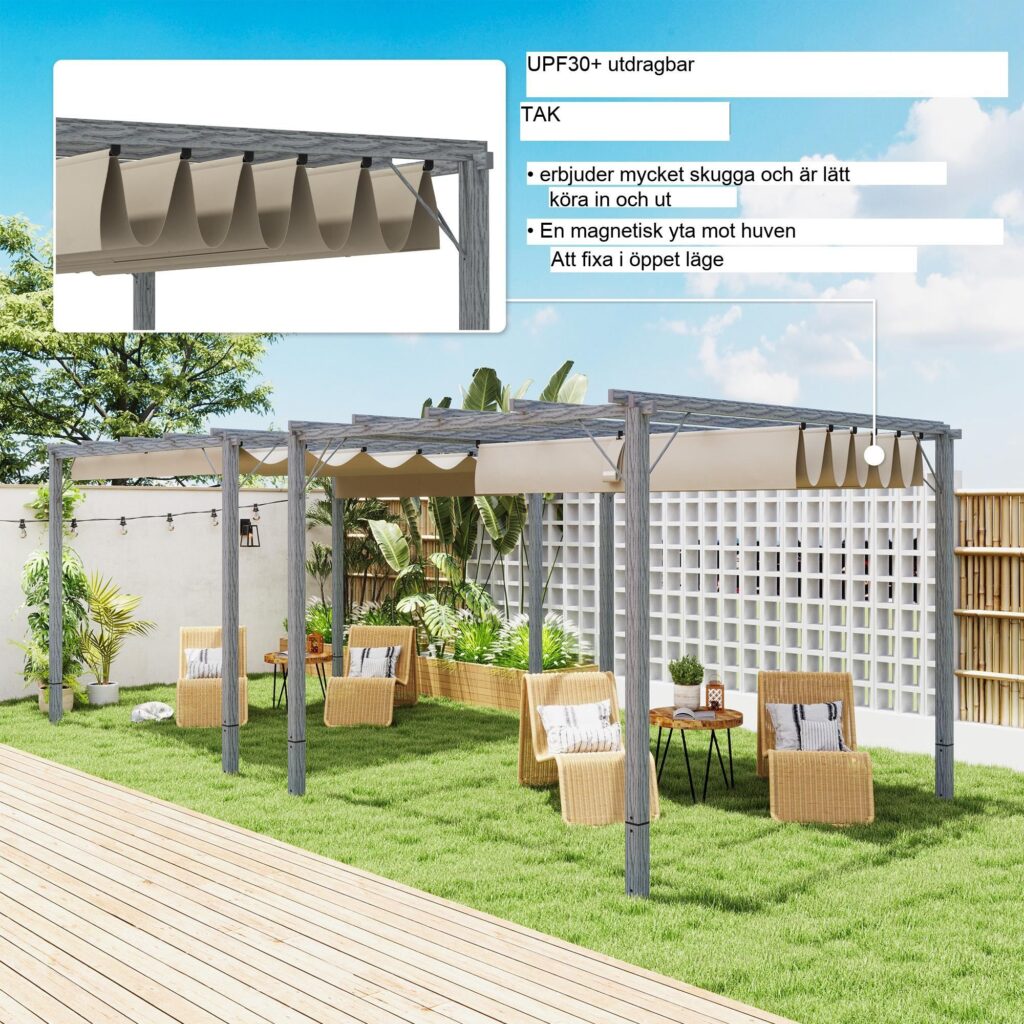 Pergola i aluminium 3x3m med infällbart UV-skydd (UPF30+) och säker magnetisk passform | Fristående trädgårdspaviljong för uteplats och trädgård