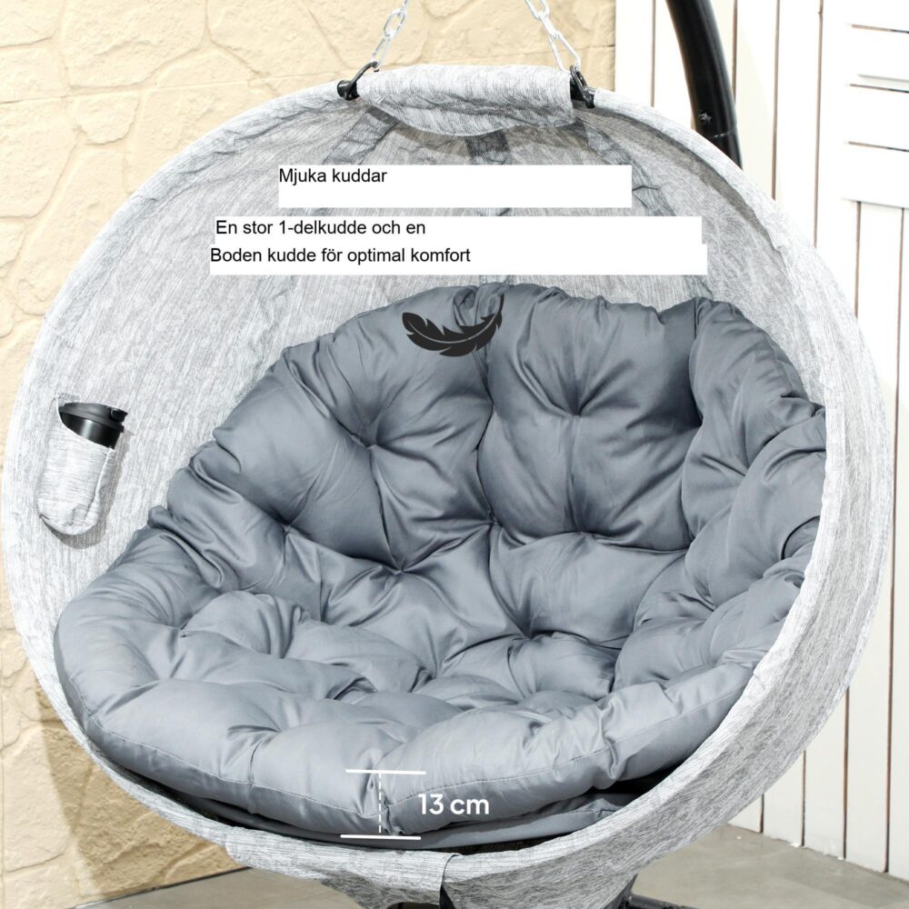 Äggformad hängstol för utomhusbruk – rymlig design med andningsbart överdrag, bekväma 13 cm tjocka kuddar, hopfällbar för enkel förvaring | Robust stålram med justerbara kedjor, stöder upp till 120 kg
