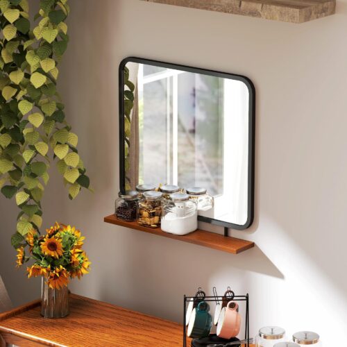 Väggspegel 55×55,5cm med trähylla – vintage dekorativ accent för hemmet, lätt att installera