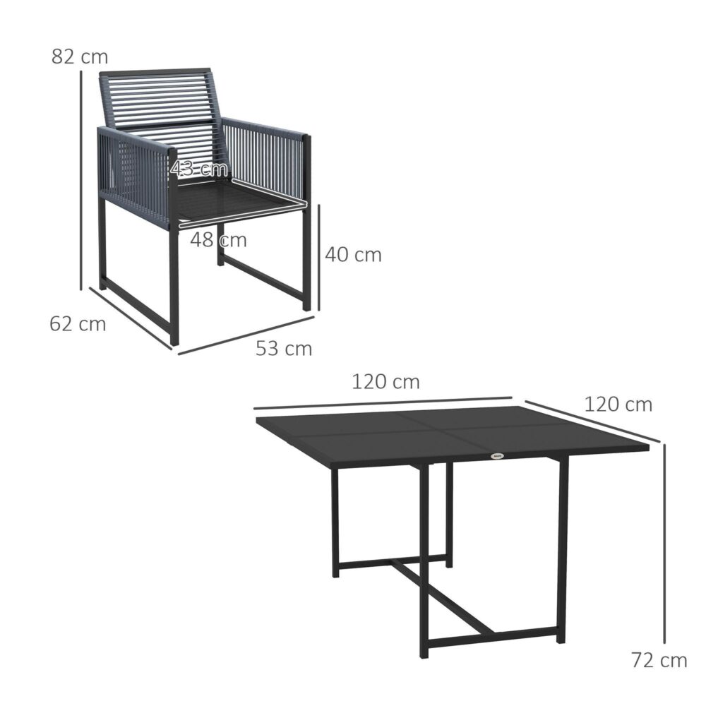 5-delars matgrupp för trädgården med platsbesparande design och bordsskiva i härdat glas – handvävda repelement på stålram