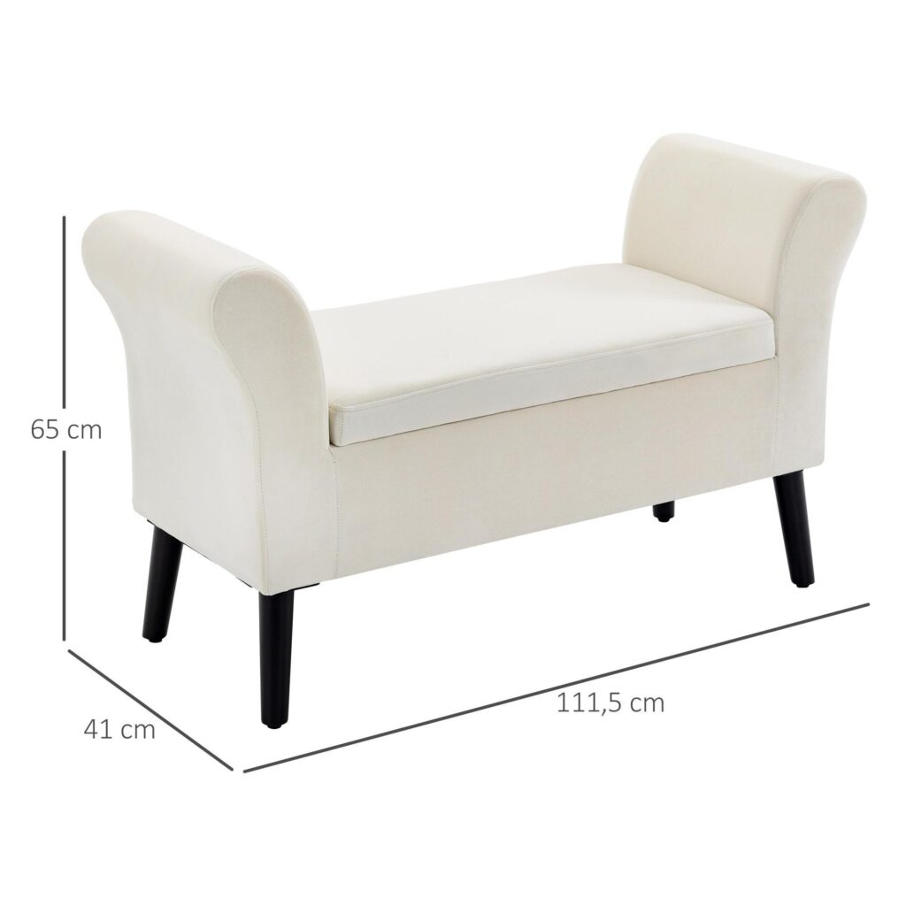 Bänk Klädd Bänk med Förvaring Säng Bänk med armstöd för Hall Sovrum Sammetslen Polyester 111.5 x 41 x 65 cm Gräddvit