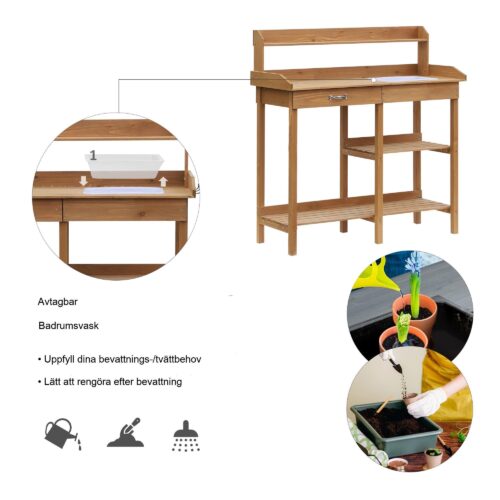 Trädgårdsmästarbord med inbyggd diskbänk och förvaring – rymlig design för växtvård, väderbeständig granträkonstruktion