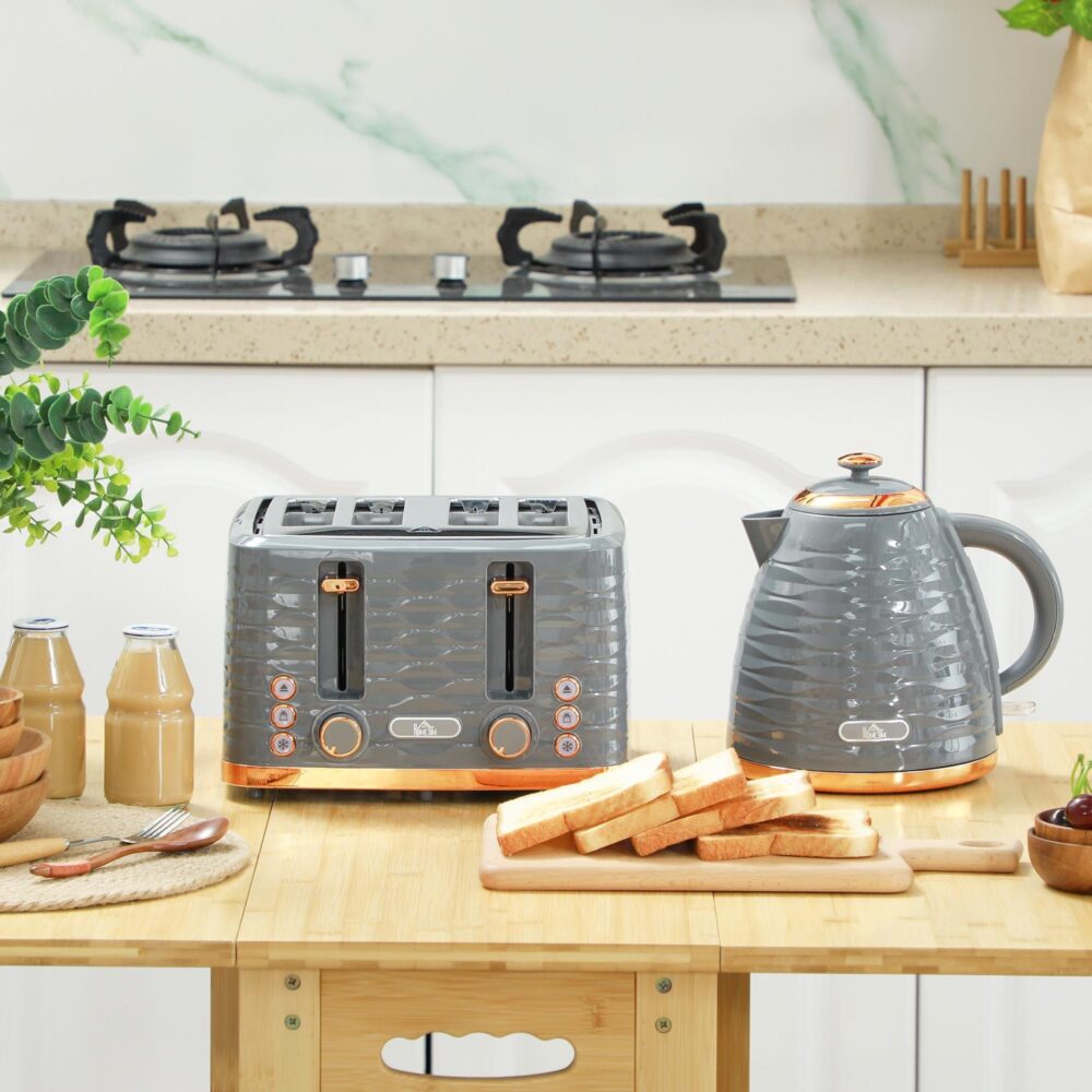 Frukostset Vattenkokare och brödrost | 1,5 l vattenkokare med uttertermostat, brödrost med fyra skivor med sju bryningsnivåer och säkerhetsfunktioner