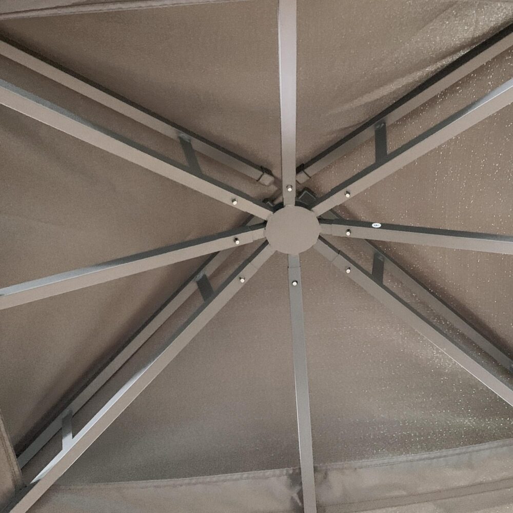Rymligt trädgårdstält 3,65x3m – Tak i två nivåer för ventilation och insektsskydd, robust metallram med förvaringshyllor