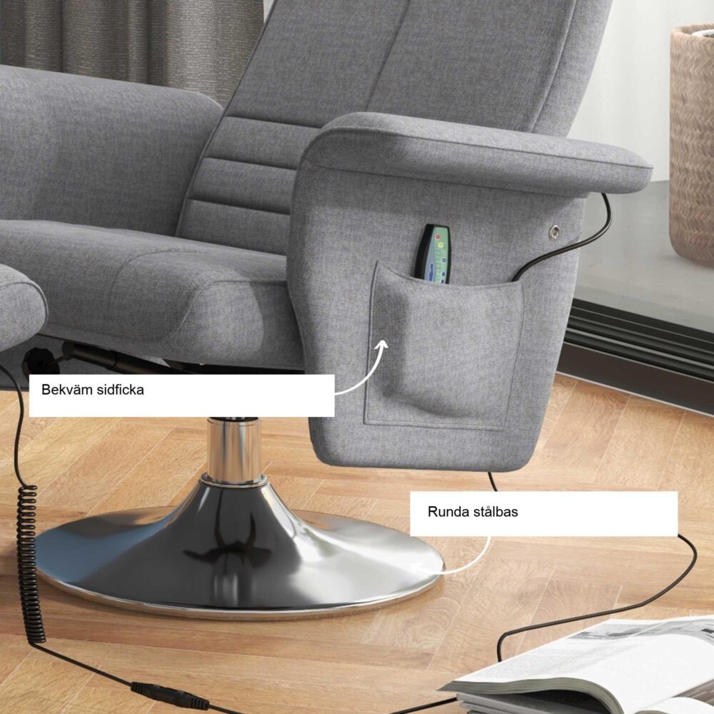 Elektrisk liggande TV-stol vilstol med fotpall, 8-punkts vibrationsmassage för rygg och ben, fjärrkontroll, design med modern linnelook