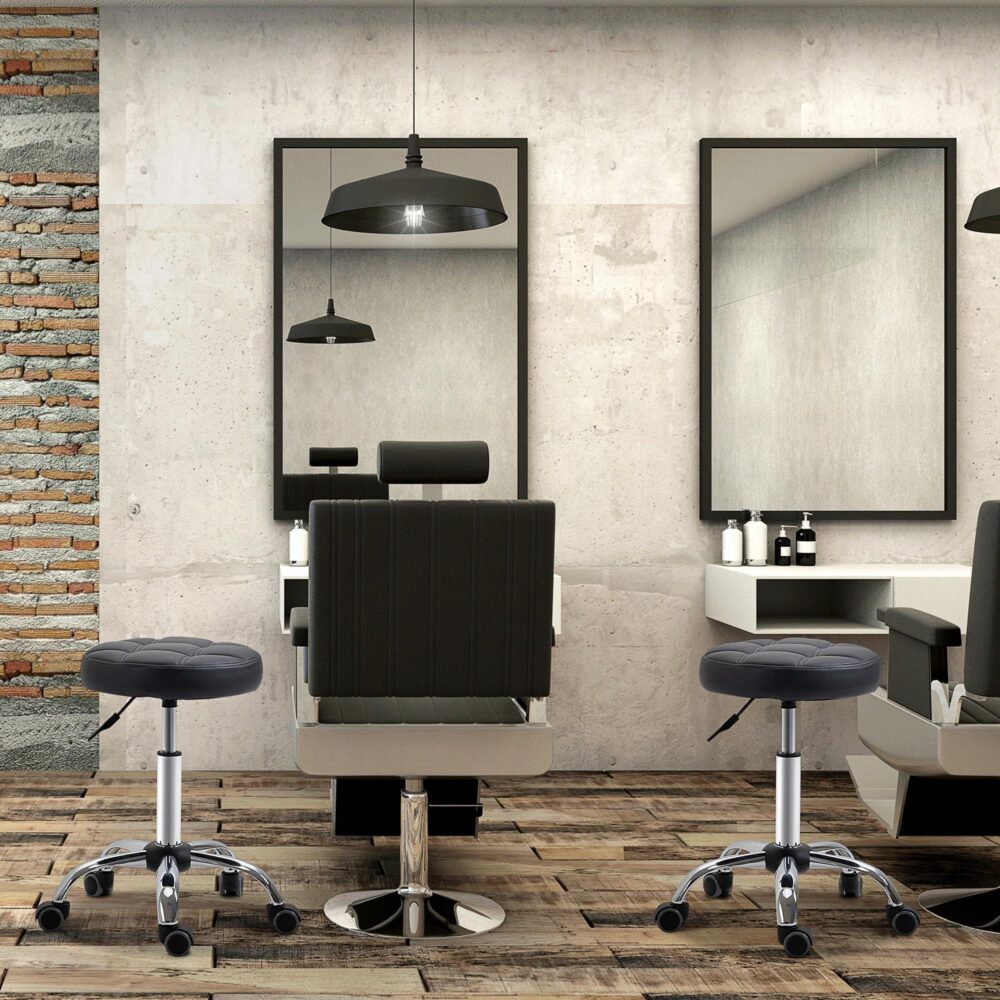 Set med 2 svängbara salongstolar med justerbar höjd med hjul, svart konstläder, ergonomisk design för skönhetsstudior och salonger