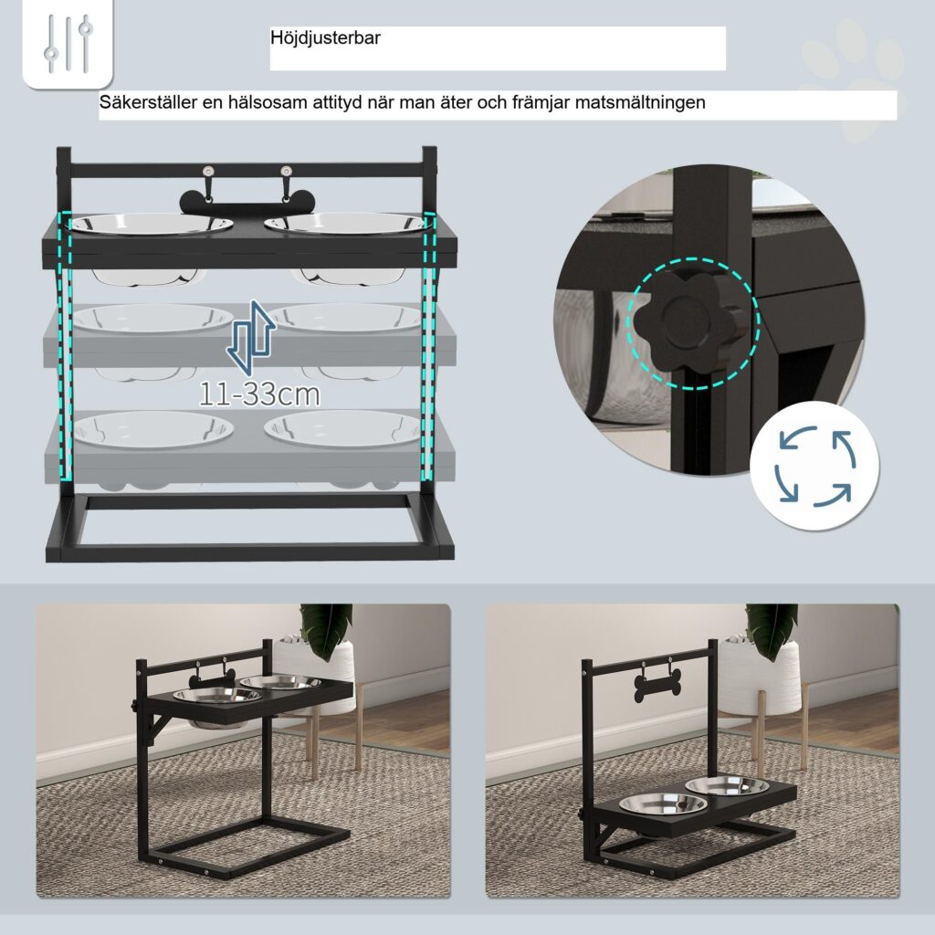 Justerbar rostfritt stål hund- och kattmatningsstation med benformad namntagg och enkel rengöringsdesign