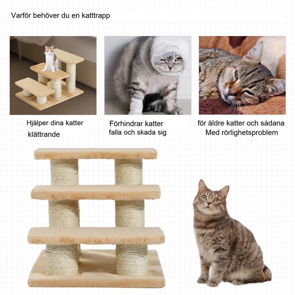 Äldre katt- och hundvänliga trappor - slitstark spånskivekonstruktion, mjuka plyschsteg, sisalpelare för klovässning, 11 cm steghöjd