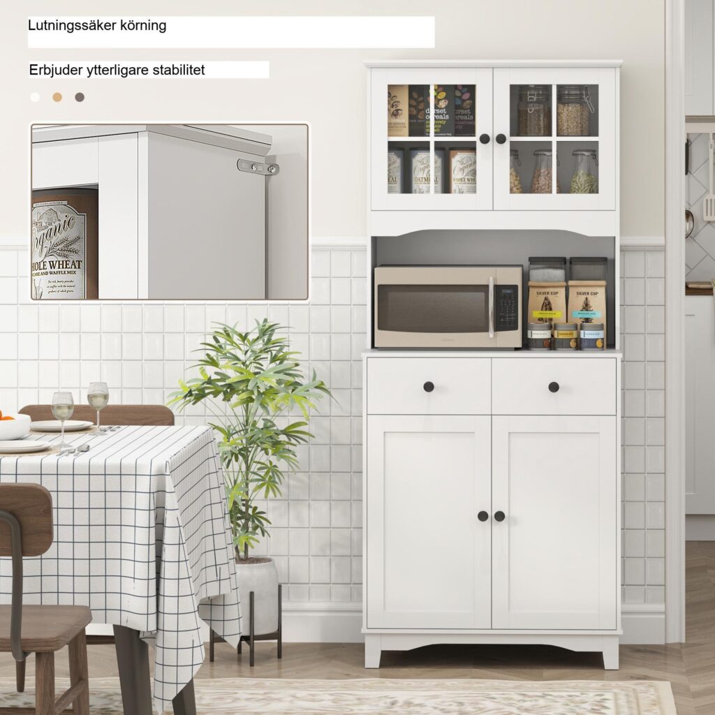 Vitt köksskåp med rymlig mikrovågshylla och justerbar förvaring | Modern design med glasdörr