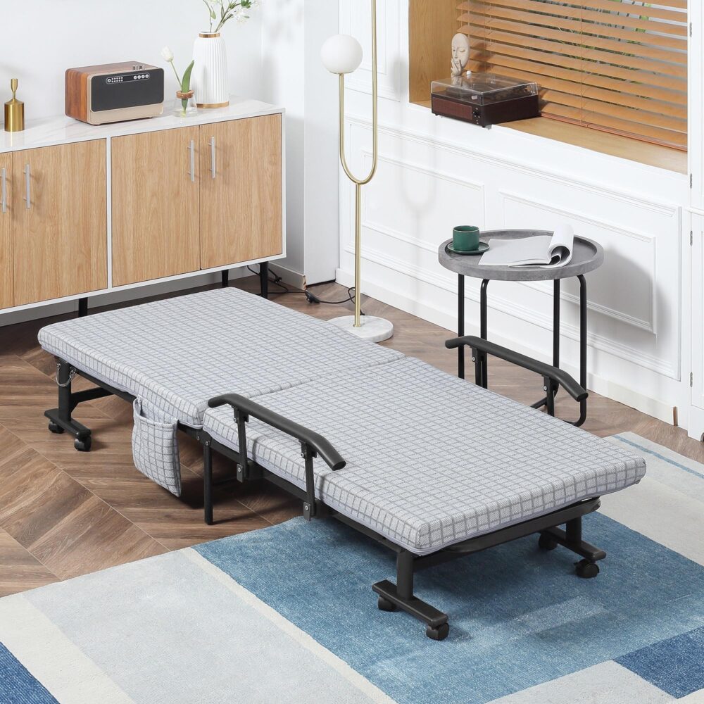 Hopfällbar säng Gästsäng med hjul – platsbesparande och bekväm design | Justerbart ryggstöd och förvaringsfickor med 5 steg