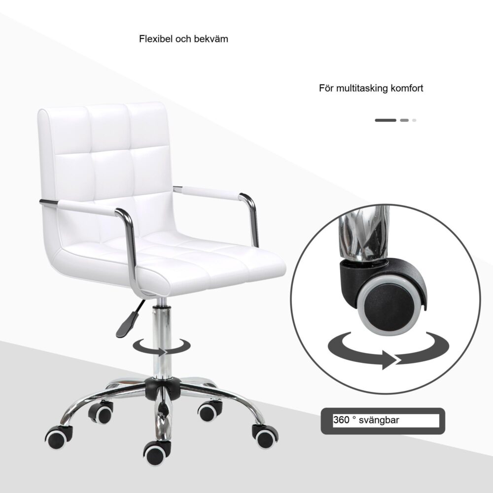 Kontorsstol Höjdjusterbar Ergonomisk Executive Snurrstol med lyxigt PU-läder – Vit | Robust bas i krom med 5 hjul och tjock vadderad sits för maximal komfort