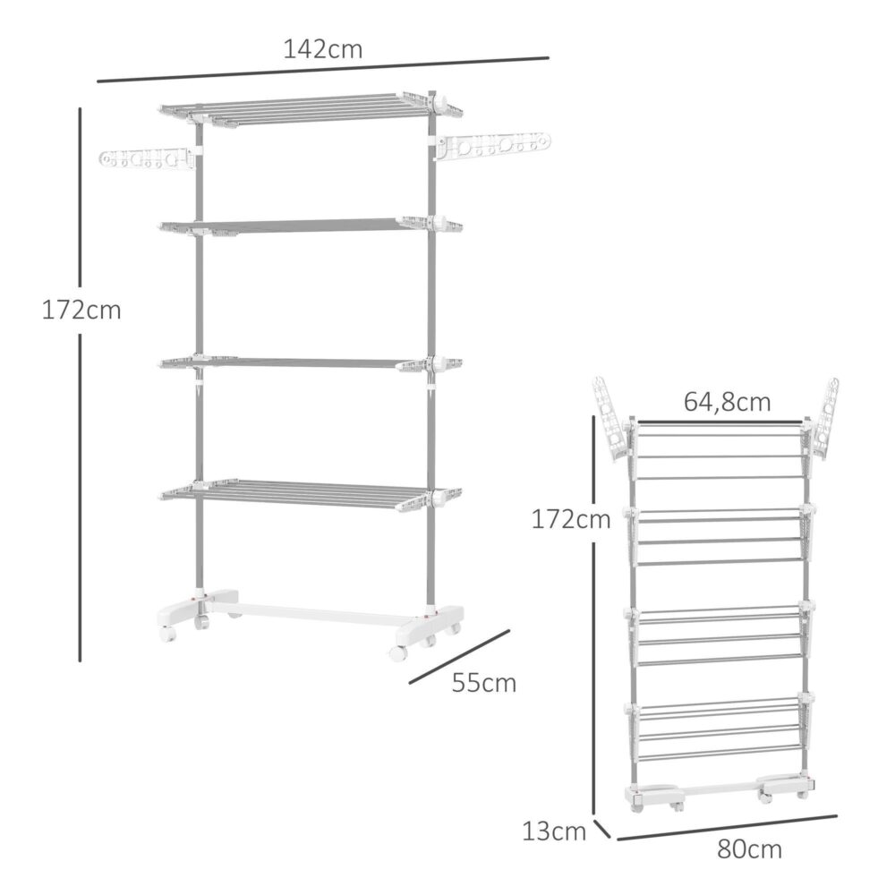 Foldbar mobil tvättställ med 4 nivåer, rymdbesparande design, rullar för enkel rörelse, hållbar stålkonstruktion