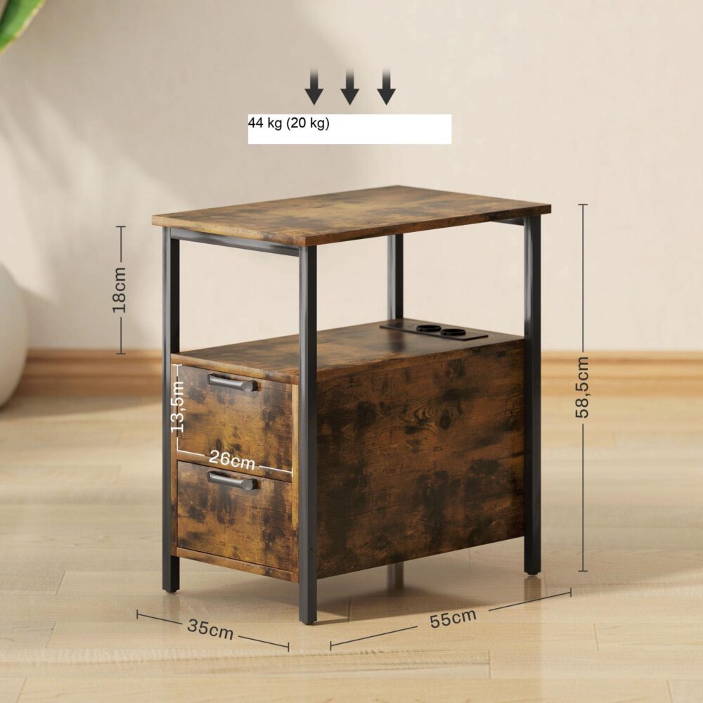 Sidobord Soffbord med Inbyggd Laddningsstation, USB-portar och Uttag – Rustik-Brown Design | 2 lådor, robust konstruktion för vardagsrum och sovrum