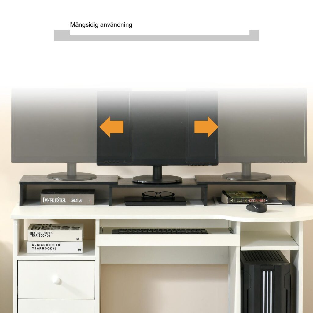 Ergonomisk justerbar bildskärmsstativ med dubbel skärmstöd, trippelagringshyllor och rymdbesparande design för nackelättande - MDF -material, svart färg