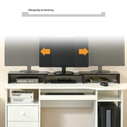Ergonomisk justerbar bildskärmsstativ med dubbel skärmstöd, trippelagringshyllor och rymdbesparande design för nackelättande – MDF -material, svart färg