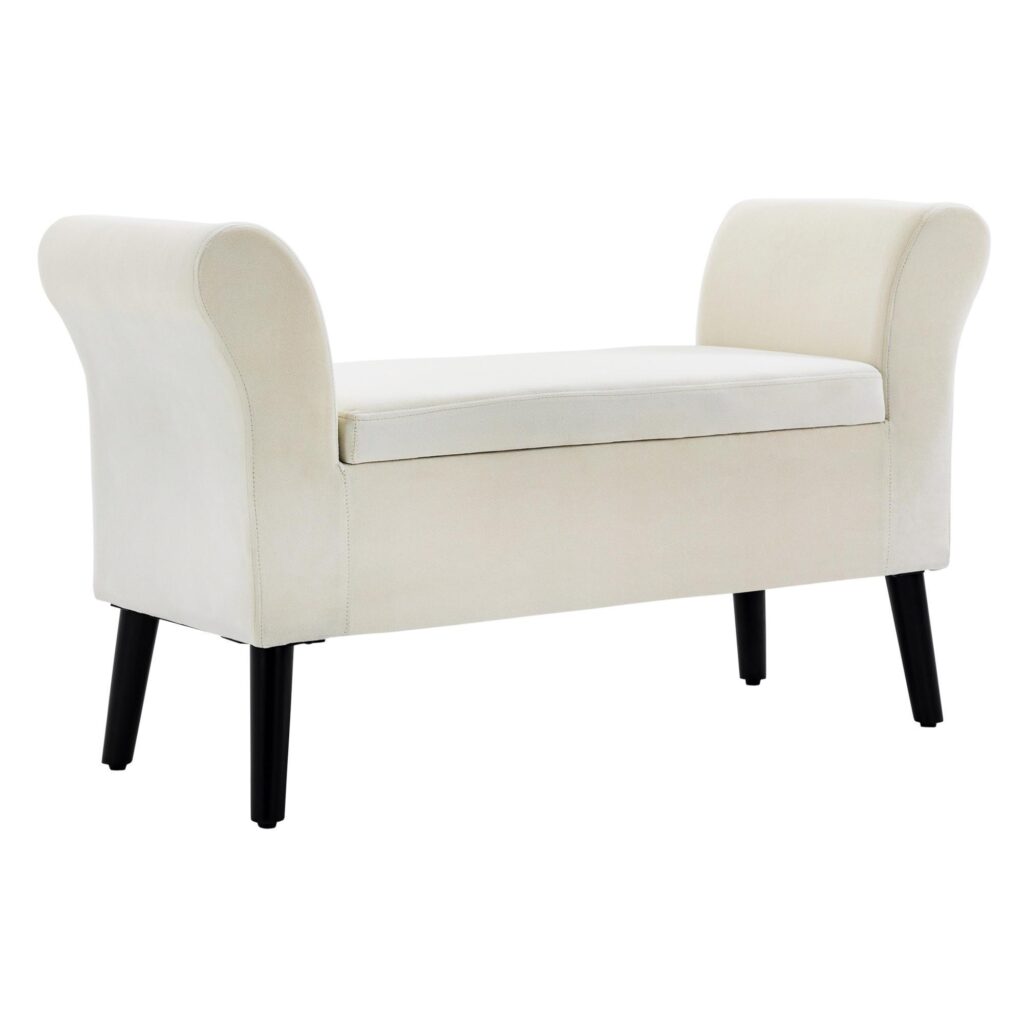 Bänk Klädd Bänk med Förvaring Säng Bänk med armstöd för Hall Sovrum Sammetslen Polyester 111.5 x 41 x 65 cm Gräddvit