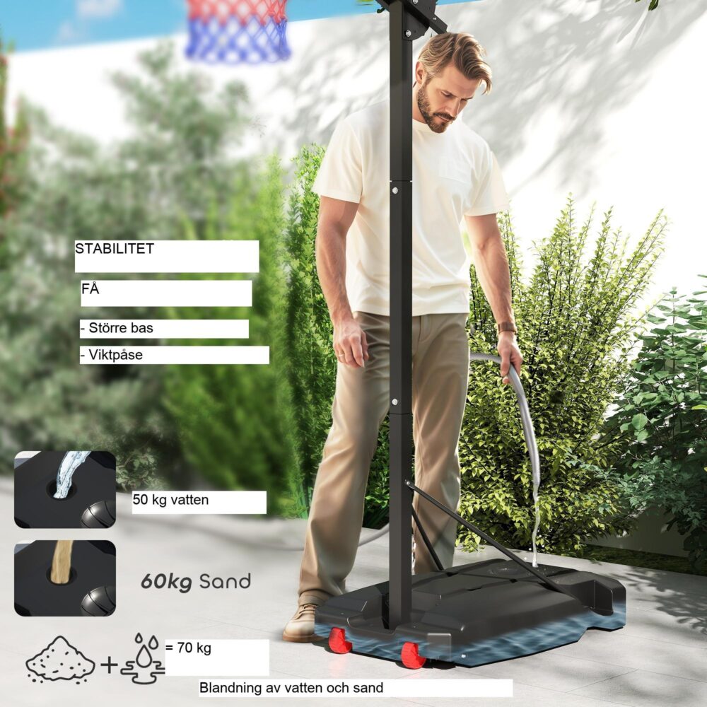 Justerbar höjd (200-260cm) utomhusbasketkorg med hjul för barn i åldrarna 6+