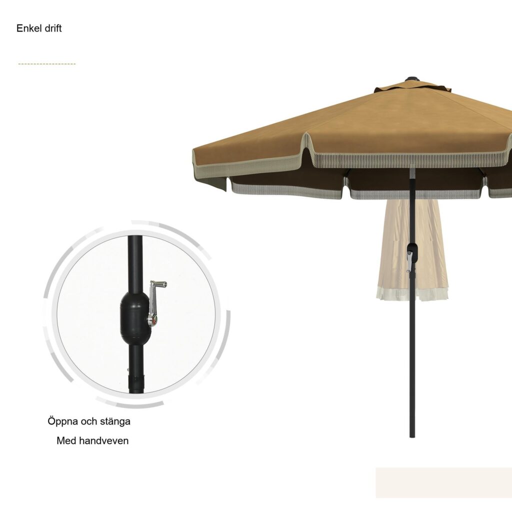 Parasoll Ø265 cm Uteplats Parasoll med fransar - UV-skydd och skugga, lutande design med 8 ribbor för trädgård och balkong i kaki