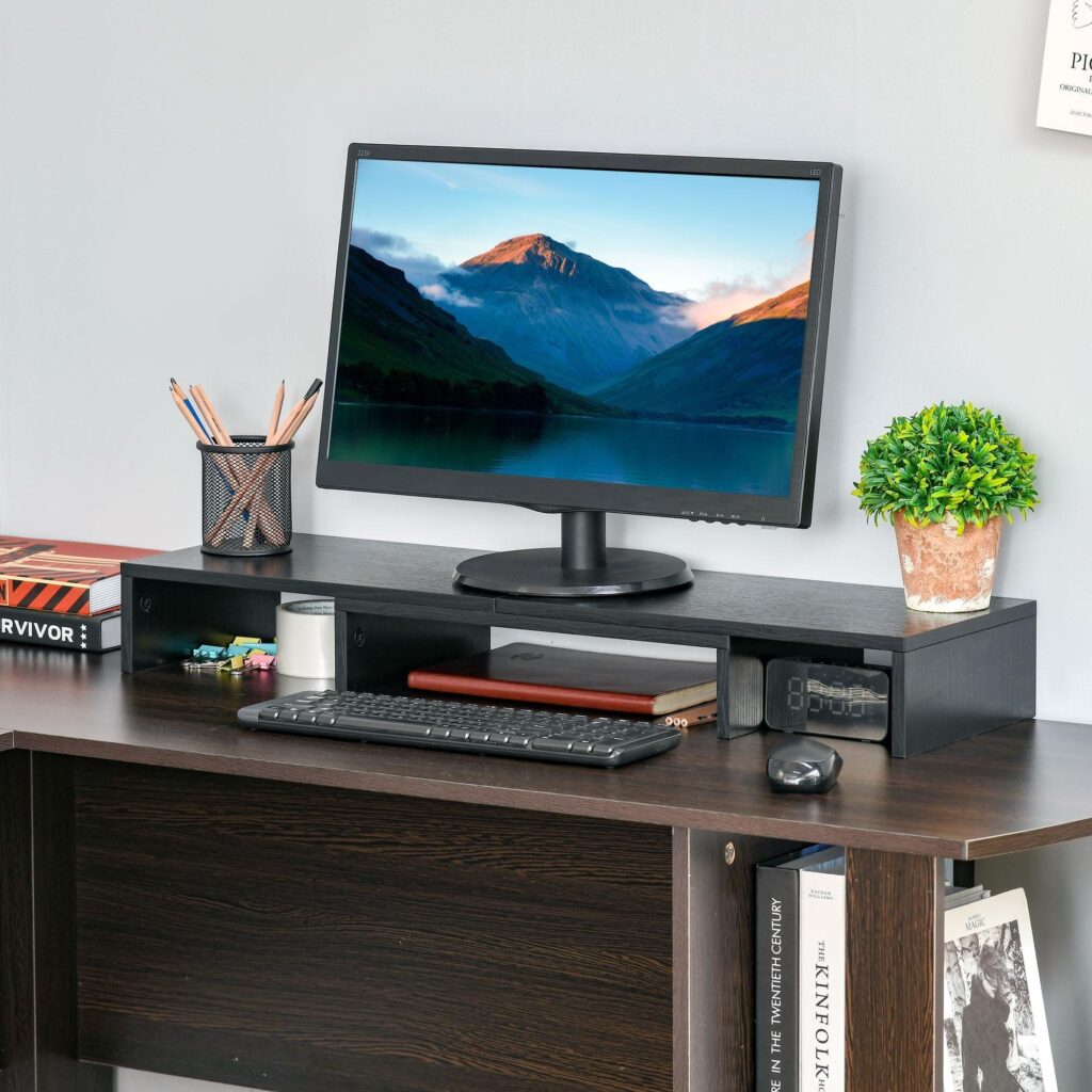 Ergonomisk justerbar bildskärmsstativ med dubbel skärmstöd, trippelagringshyllor och rymdbesparande design för nackelättande - MDF -material, svart färg