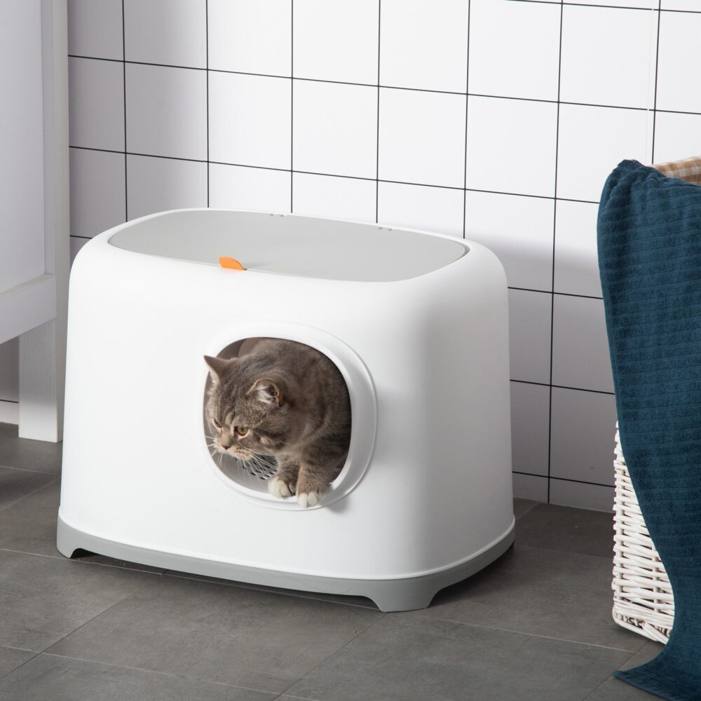 Kattlåda med huva och nätbotten med lock | Tyst plats för din katt | Enkel rengöring och spridningssäker design | Plast, vit, 55x40x39cm (upp till 5kg)