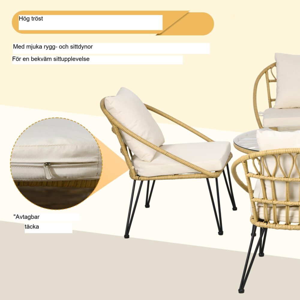 5-delat trädgårdsmöbelset i rotting med bekväma kuddar, väderbeständig PE-rotting och härdat glasskiva för utomhussammankomster – högkvalitativ hållbar design