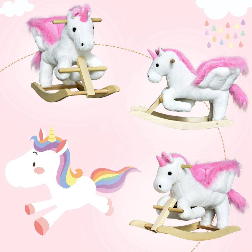 Unicorn Rocking Horse för barn med Musikknapp – Hållbar och Säker Design | Rosa + Vit plysch