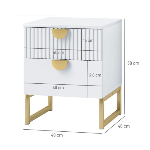 Modernt sängbord med 2 lådor, handtag i guldlook, kompakt design för sovrum eller vardagsrum – vit, 40x40x50 cm