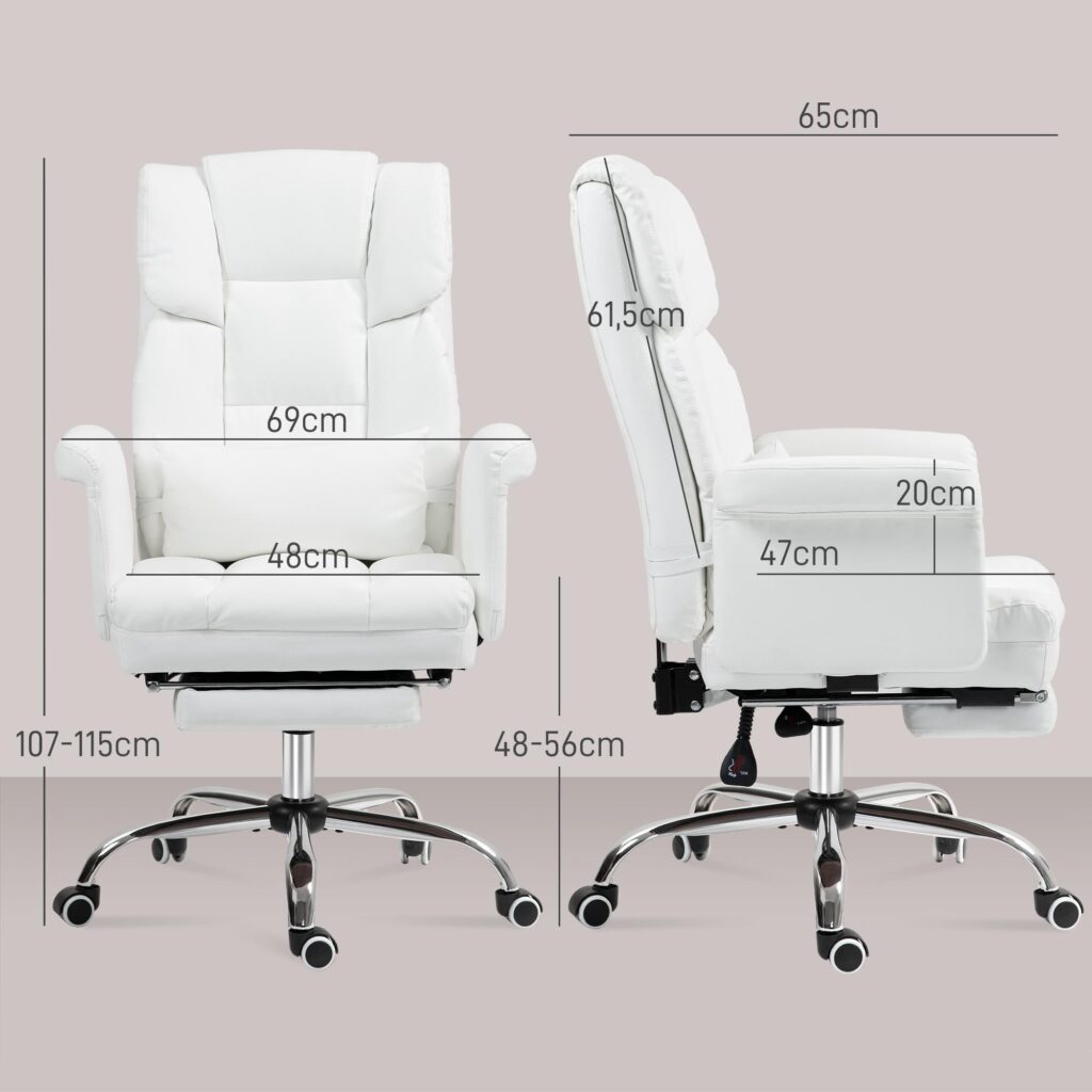 Ergonomisk kontorsstol med lutningsfunktion och svankstöd, justerbar höjd 48-56 cm, svängbara hjul, konstläder vit