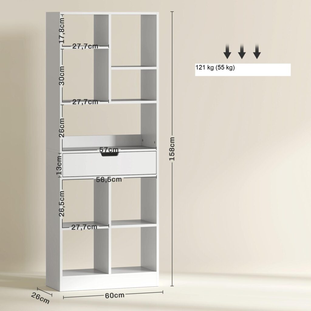 Modern vit bokhylla med 9 hyllor och 1 låda - robust MDF-konstruktion, anti-lutningsskydd, rymlig förvaring för böcker, inredning, växter och kontorsbruk