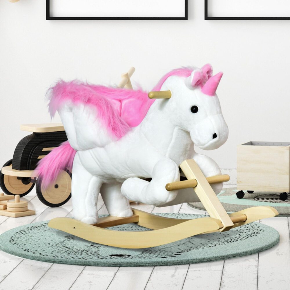 Unicorn Rocking Horse för barn med Musikknapp – Hållbar och Säker Design | Rosa + Vit plysch